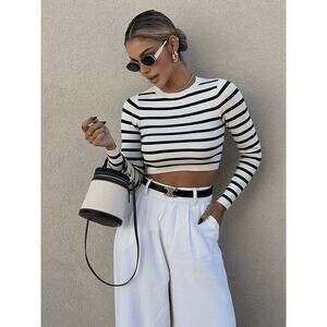 Commense Striped Casual Strech Crop Bodycon Knit Top Black White Stripe L